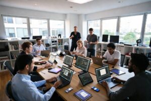 Team von Webdesign-Experten in Mannheim bei einer Besprechung im modernen Büro.